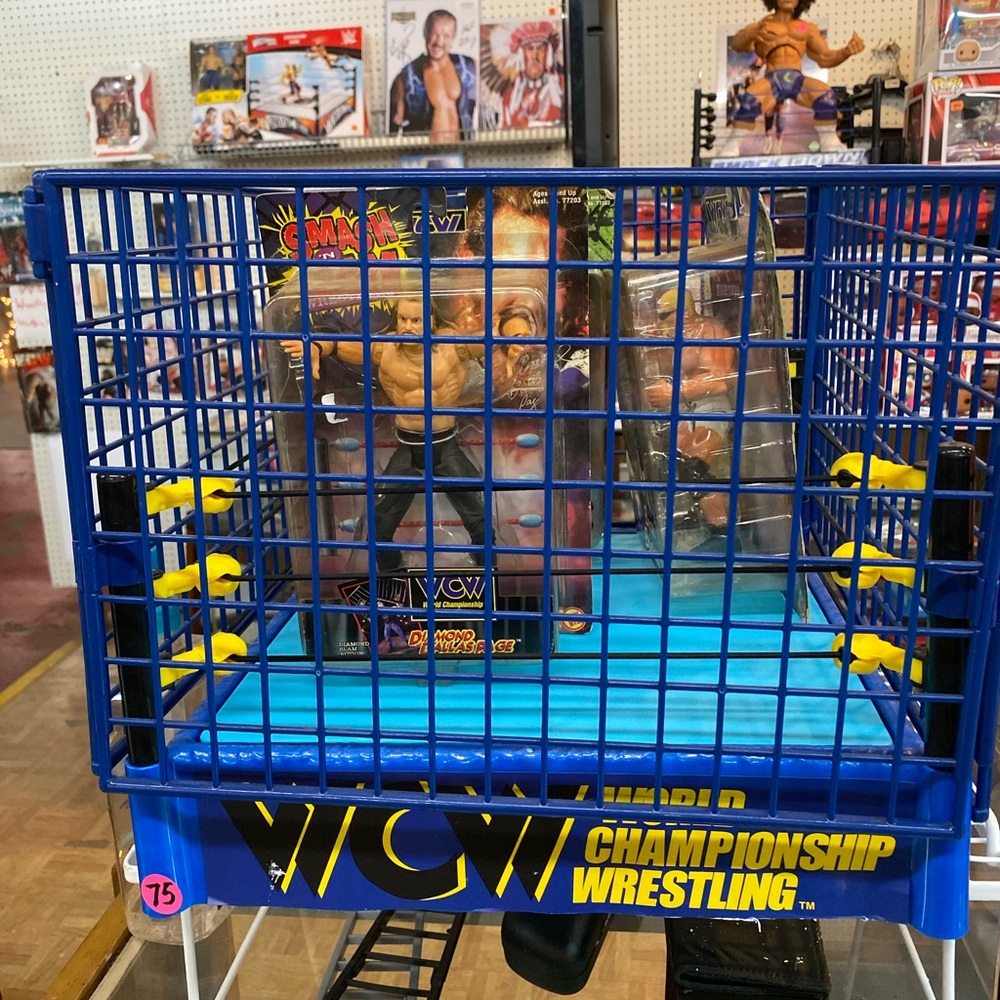 Wcw ring cage and two Wcw wrestling figures in package